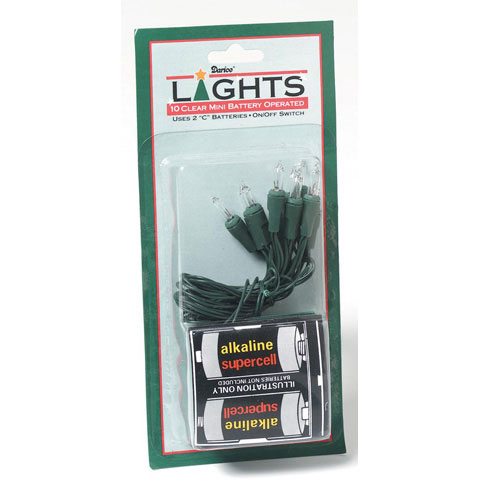 Item 568079 Set of 10 Battery Operated Christmas Tree Lights With Green Wire & Clear Bulbs