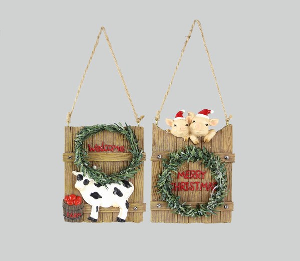 Item 601106 Welcome/Merry Christmas Cow/Pig With Fence/Wreath Ornament