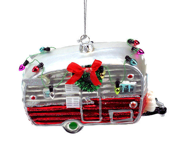 Item 820022 Red/White Camper Trailer With Wreath/Lights Ornament