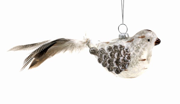 Item 844069 Brown/White Bird With Feather Tail Ornament