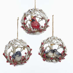 Item 101431 Cardinal/Chickadee In Birch Ball Ornament