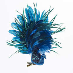 Item 103082 thumbnail Glittered Blue Peacock With Feathery Tail Clip-On Ornament
