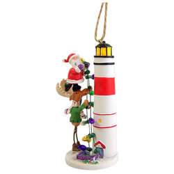 Item 108214 Santa and Moose Decorating Lighthouse Ornament