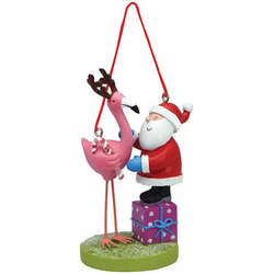 Item 108301 thumbnail Santa/Flamingo With Gift/Candy Cane Ornament - Myrtle Beach