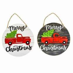 Thumbnail Round Merry Christmas Red Pickup Truck Plaque