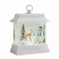 Item 282030 White Lighted Deer & Cardinal With Trees Water Lantern