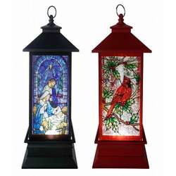 Item 322100 LED Lighted Nativity/Cardinal Stained Glass Glitter Lantern