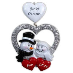 Thumbnail Our First Christmas Snowman Couple In Heart Wedding Ornament