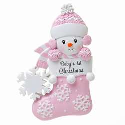Thumbnail Pink Baby's First Christmas Snowman Stocking Ornament