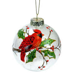 Item 808036 Cardinal On Holly Branch Ball Ornament
