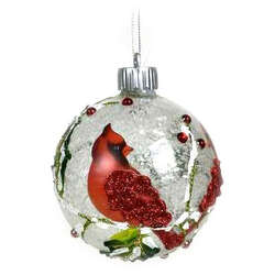 Thumbnail Glass White Ball With Cardinal Ornament