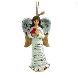 Thumbnail Birch Bark Look Angel With Red Bird Ornament