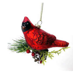 Thumbnail Glass Red Bird On Pinecone Ornament