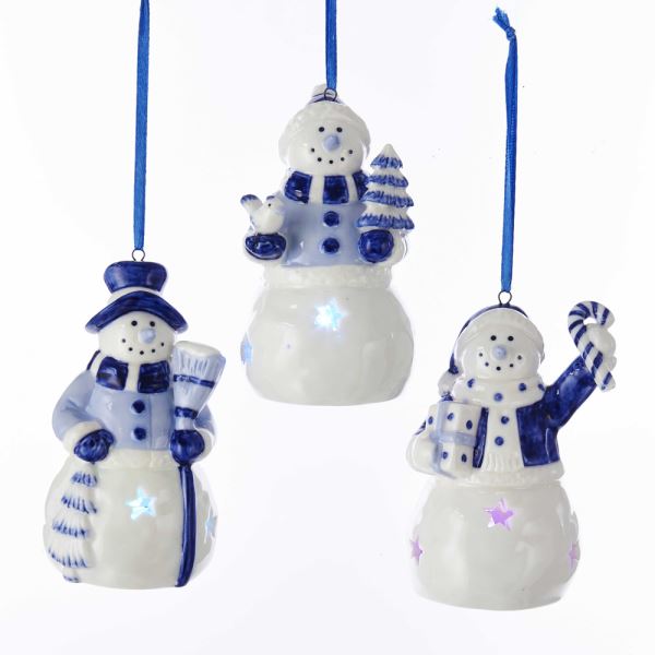 Item 100747 Battery Operated LED Delft Blue Snowman Ornament