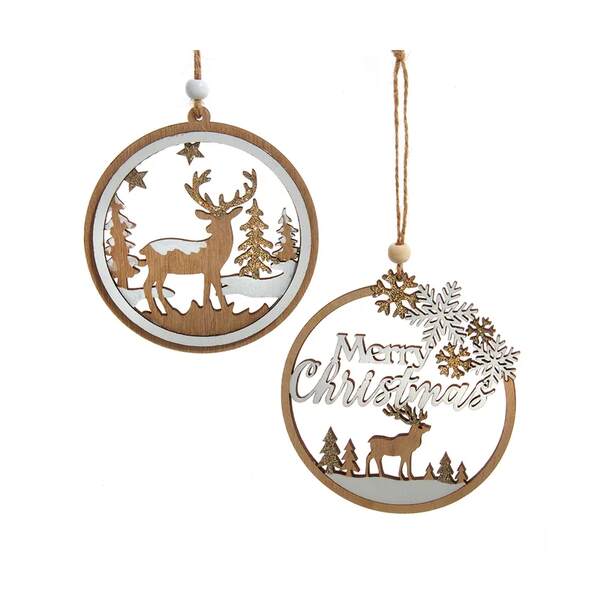 Item 100929 Wooden Round Christmas Deer Scene Ornament