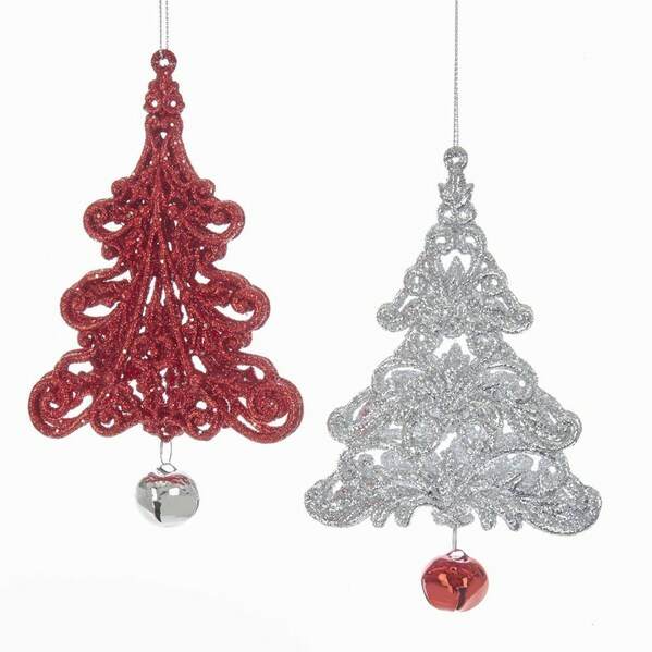 Item 101115 Red/Silver Glitter Tree With Bell Ornament