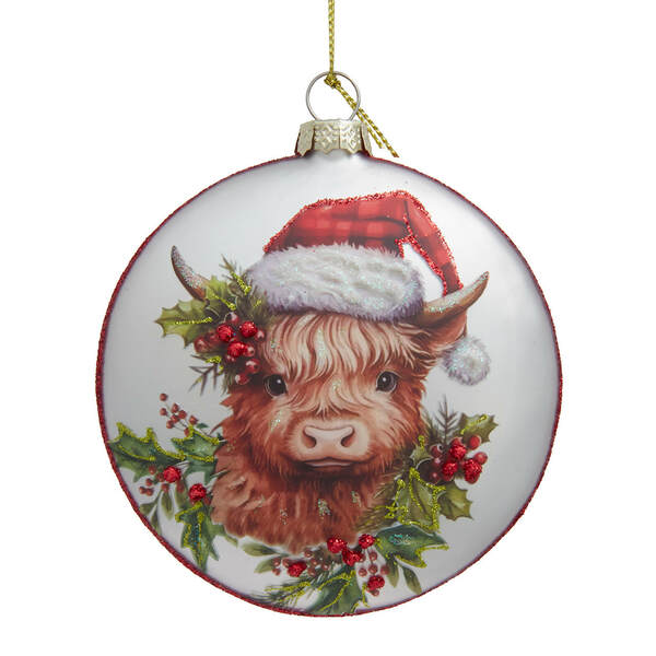 Item 101132 Glass Highland Cow With Santa Hat Disc Ornament