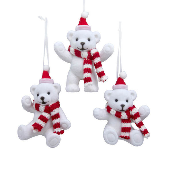 Item 101580 Flocked Red White Bear Ornament