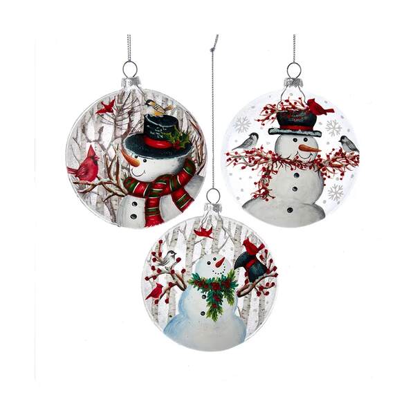Item 101636 Glass Snowman With Birds Disc Ornament