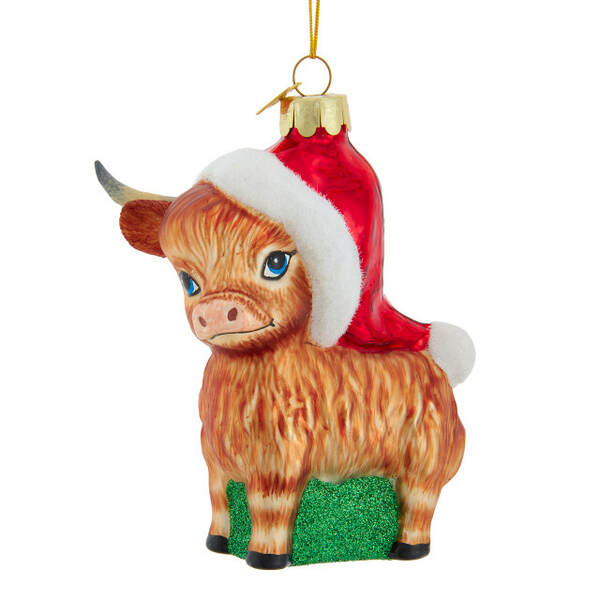 Item 102035 Noble Gem Highland Cow Santa Hat Ornament