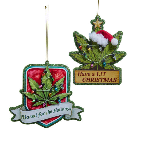 Item 102190 Cannabis Leaf With Banner Ornament