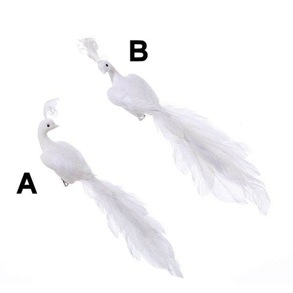 Item 102407 White Flocked Peacock With Feathery Tail Clip-On Ornament