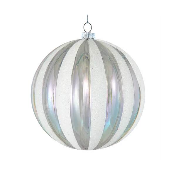 Item 102502 Plastic Iridescent Glittered White Stripe Ball Ornament