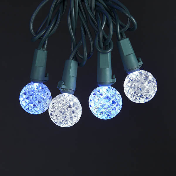 Item 103910 Set of 25 LED Diamond Cut Globe Lights With Green Wire & Blue & White Color Changing Bulbs