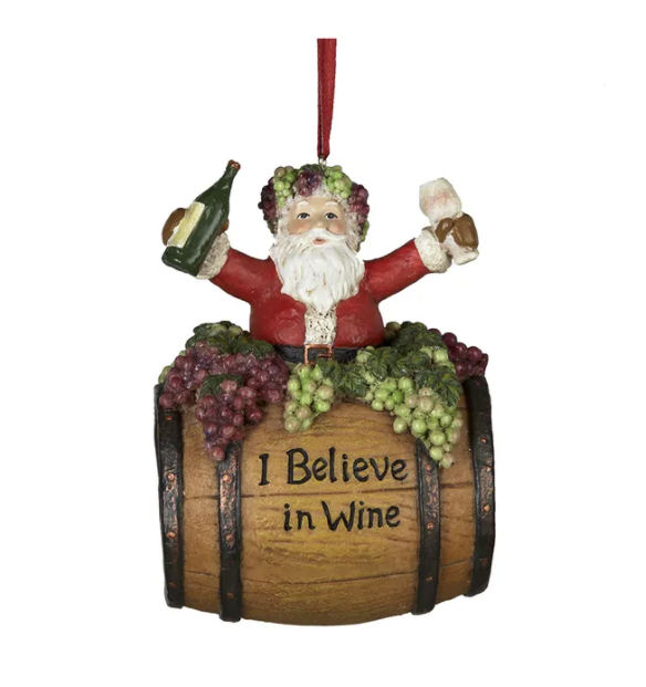 Item 104866 Santa With Wine Sitting On I Believe In Wine Barrel Ornament