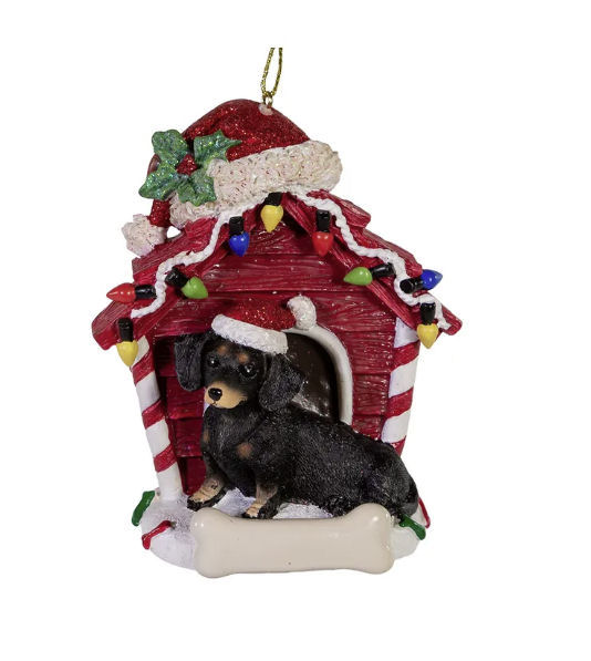 Item 105589  Black/Tan Dachshund With Doghouse Ornament