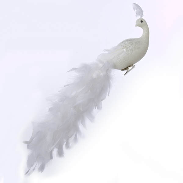 Item 105984 White Peacock With Feathery Tail Clip-On Ornament