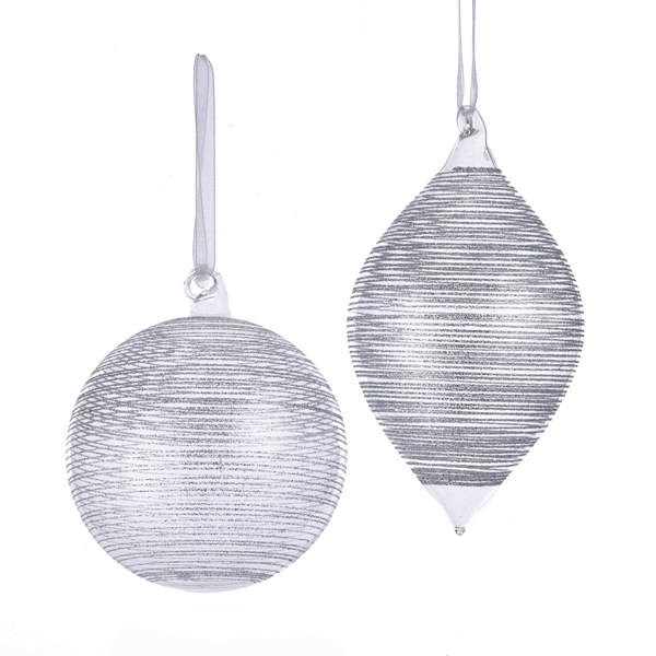 Item 106532 Silver Glittered Striped Ball/Finial Ornament