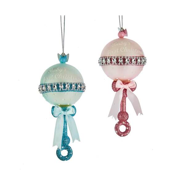 Item 107165 Glass Pink/Blue Baby Rattle Ornament