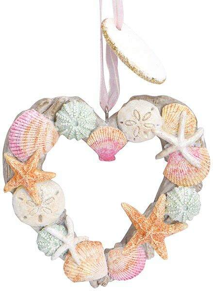 Item 108261 Driftwood And Shells Heart Wreath Ornament - Myrtle Beach
