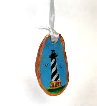 Item 115046 Cape Hatteras Light House Painted Oyster Shell Ornament
