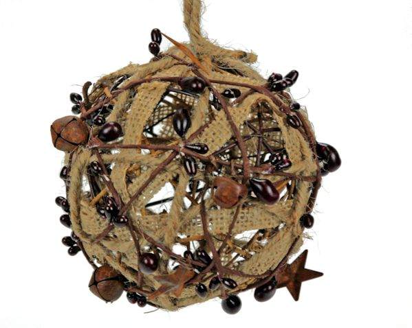 Item 127753 Rustic Ball With Jingle Bells, Rope, & Stars Ornament