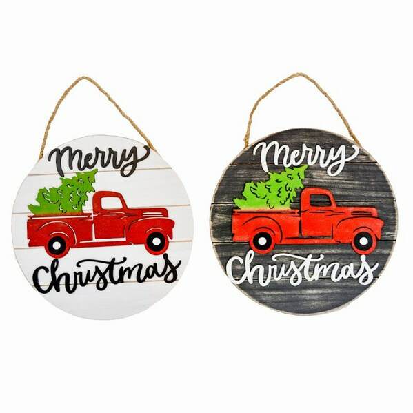Item 128397 Round Merry Christmas Red Pickup Truck Plaque