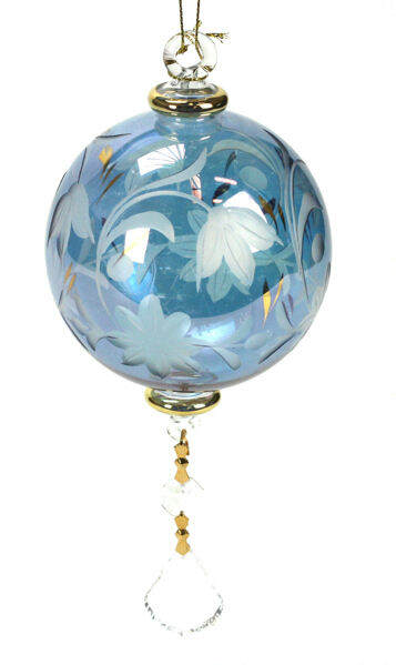 Item 186690 BLUE FLORAL ETCHED BALL WITH CLEAR DROPS ORN