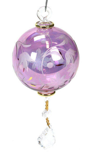 Item 186696 PURPLE FLORAL ETCHED BALL WITH CLEAR DROPS ORN
