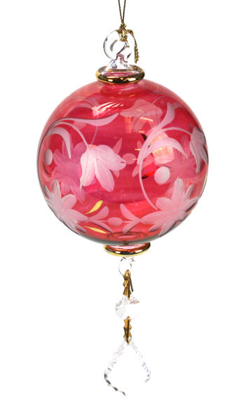Item 186716 LUSTER RED FLORAL ETCHED BALL WITH CLEAR DROPS ORN