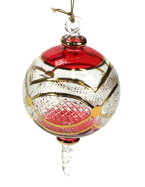 Item 186718 XMAS RED/CLEAR/GOLD ETCHED BALL WITH TWIST ORN