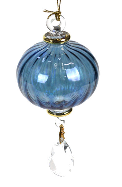 Item 186948 Blue Ribbed Ball With Diamond Drop Ornament