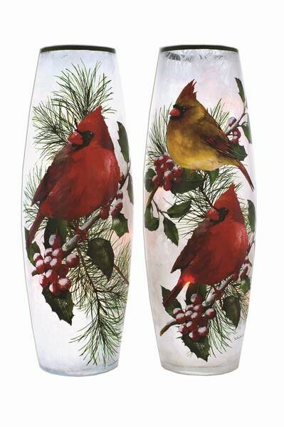 Item 212005 Cardinal With Holly Large Pre-lit Vase