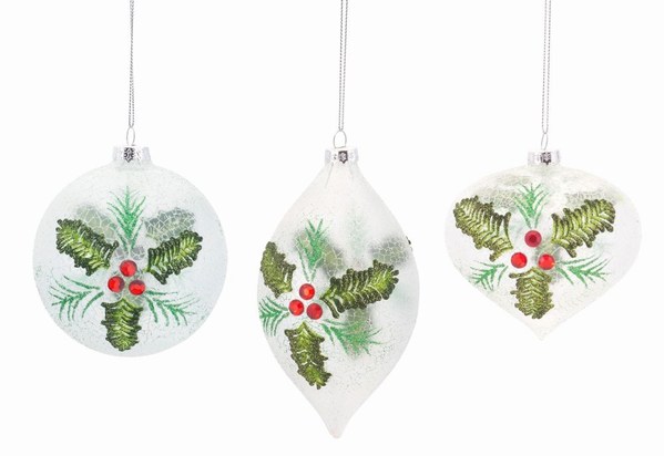 Item 245113 White Crackled Holly Leaf Ball/Finial/Onion Ornament
