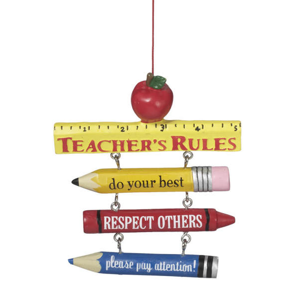 Item 260044 Teacher's Rules Sign With Apple, Ruler, Pencils, & Crayon Ornament