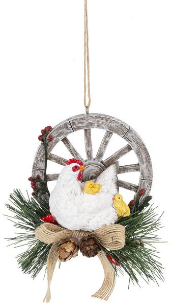 Item 261802 Hen With Chicks On Wagon Wheel Ornament