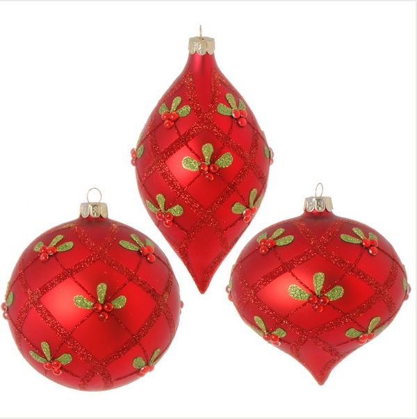 Item 281233 Glittered Red Finial/Ball/Onion With Holly Ornament