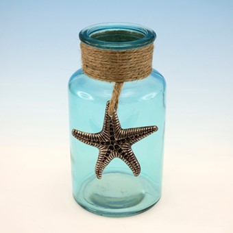 Item 294683 Small Lighted Turquoise Rope Wrapped Bottle With Starfish Sit Around