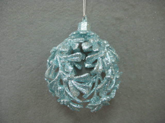 Item 302166 Sky Blue Glittered Holly Ball Ornament