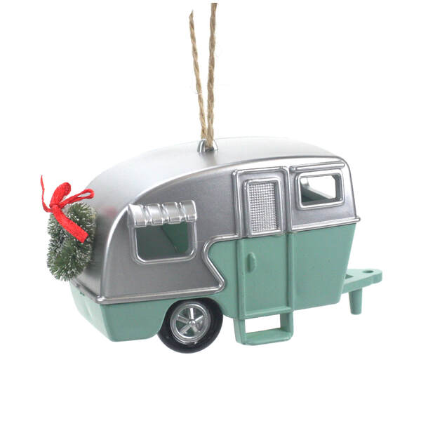 Item 302419 Silver and Green Camper With Wreath Ornament